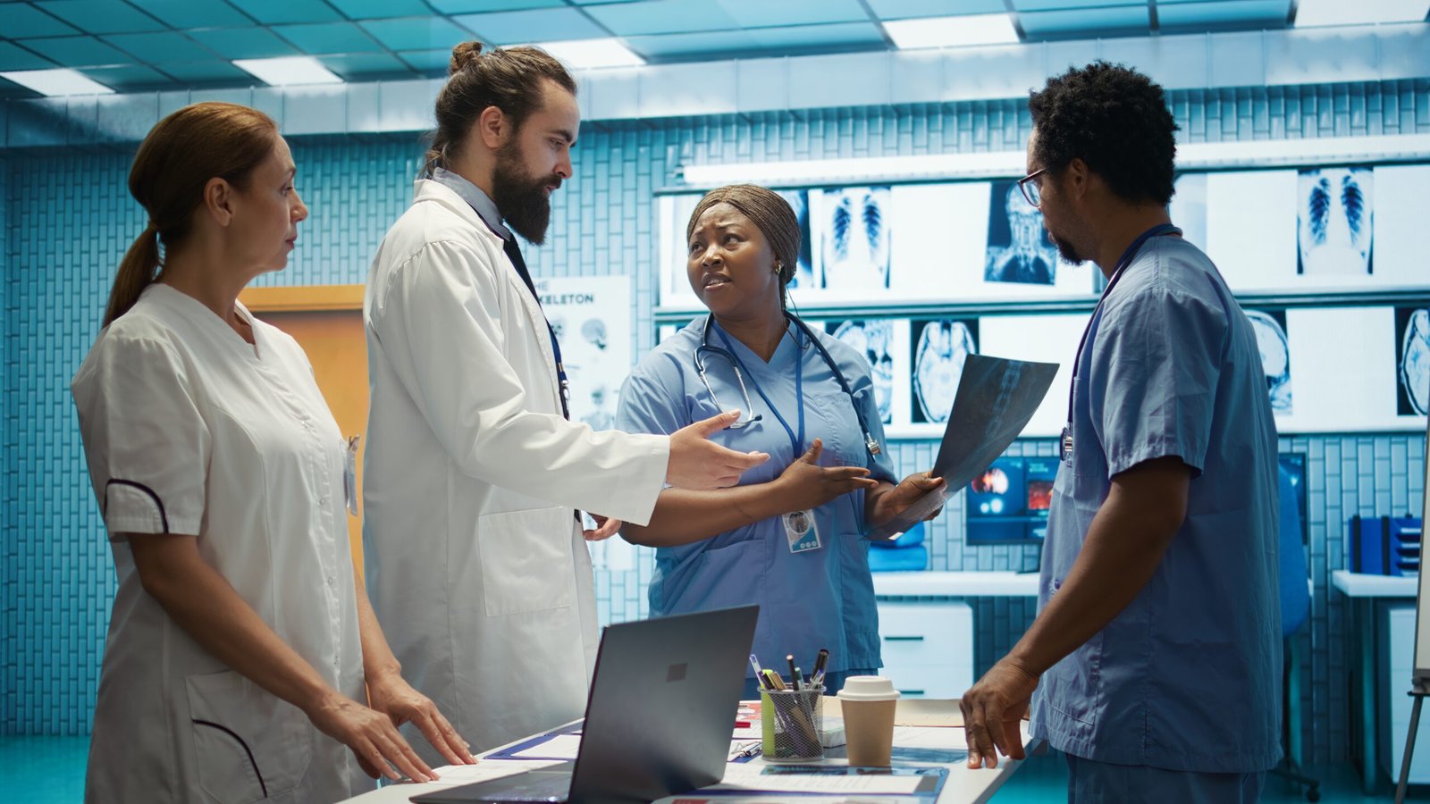 Hospital team examine x rays and discusses treatment strategy in a medical cabinet. Physicians with expertise in radiology and disease prevention doing collective work for health service. Camera B.